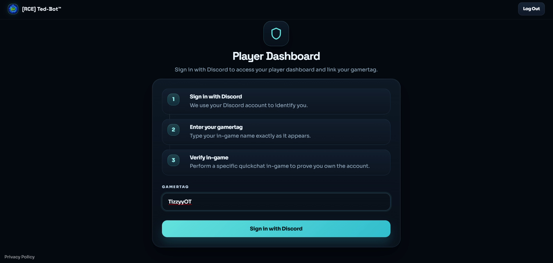 Ted-Bot linking page where the player enters their in-game name