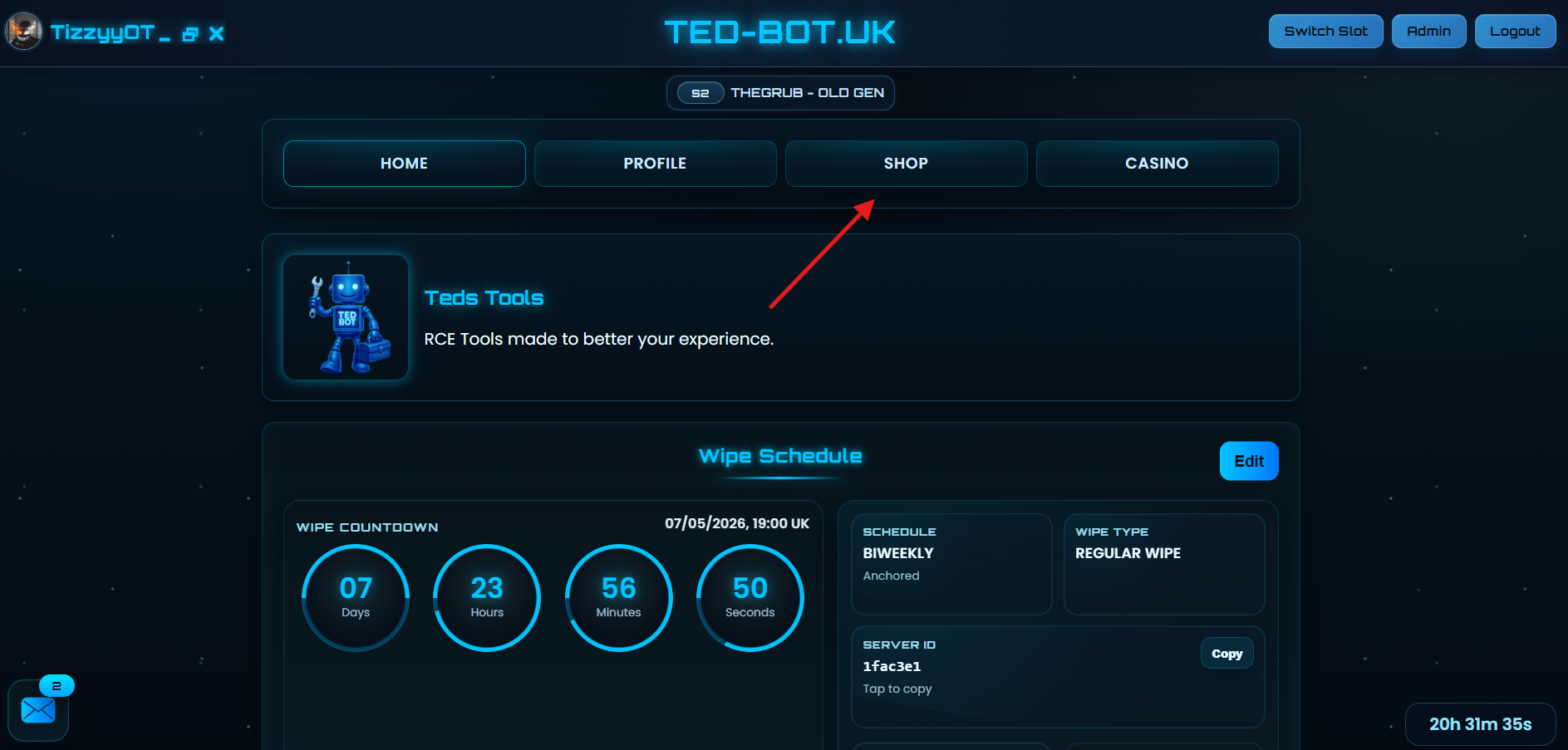 Ted-Bot dashboard shop tab highlighted for navigation